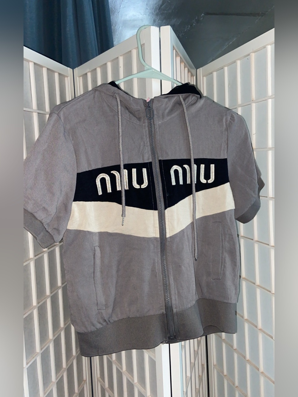 Miu Miu Gray Short-Sleeve Hooded Zip Jacket with Black & Cream Panels